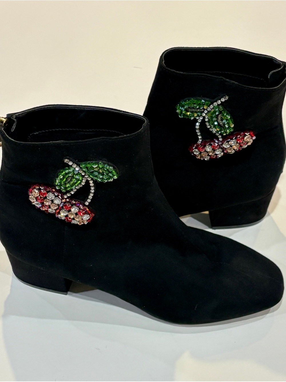 Betsey Johnson Black Suede Ankle Boots with Crystal Cherry Appliqué  7.5 BAS1016